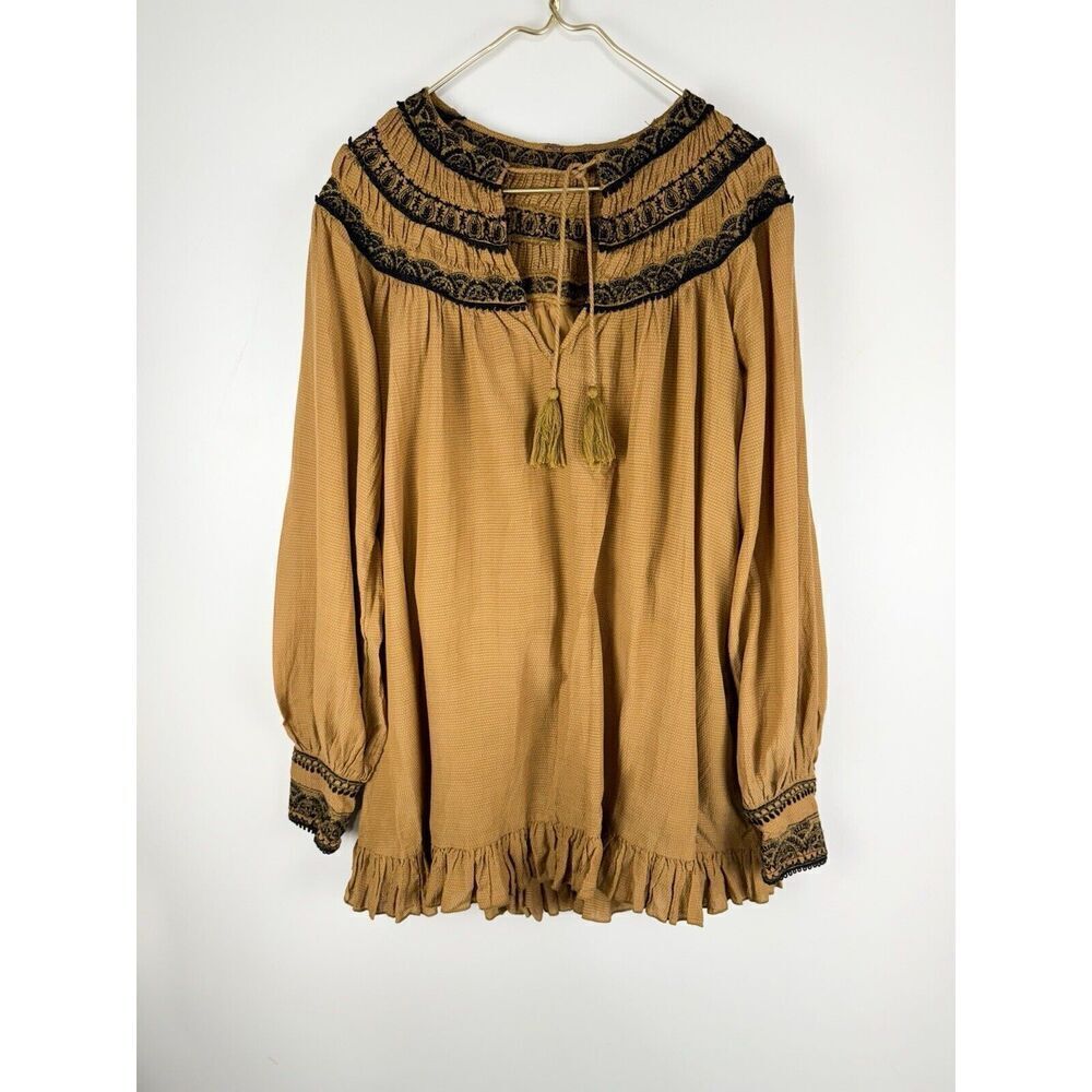 Free People Medium Erin Embroidered Long Sleeve Mini Dress Neutral Combo Boho